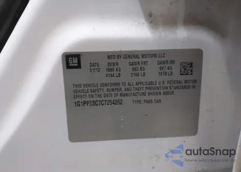 2012 Chevrolet Cruze 1Lt z USA, uszkodzony, nr VIN 1G1PF5SC7C7254262